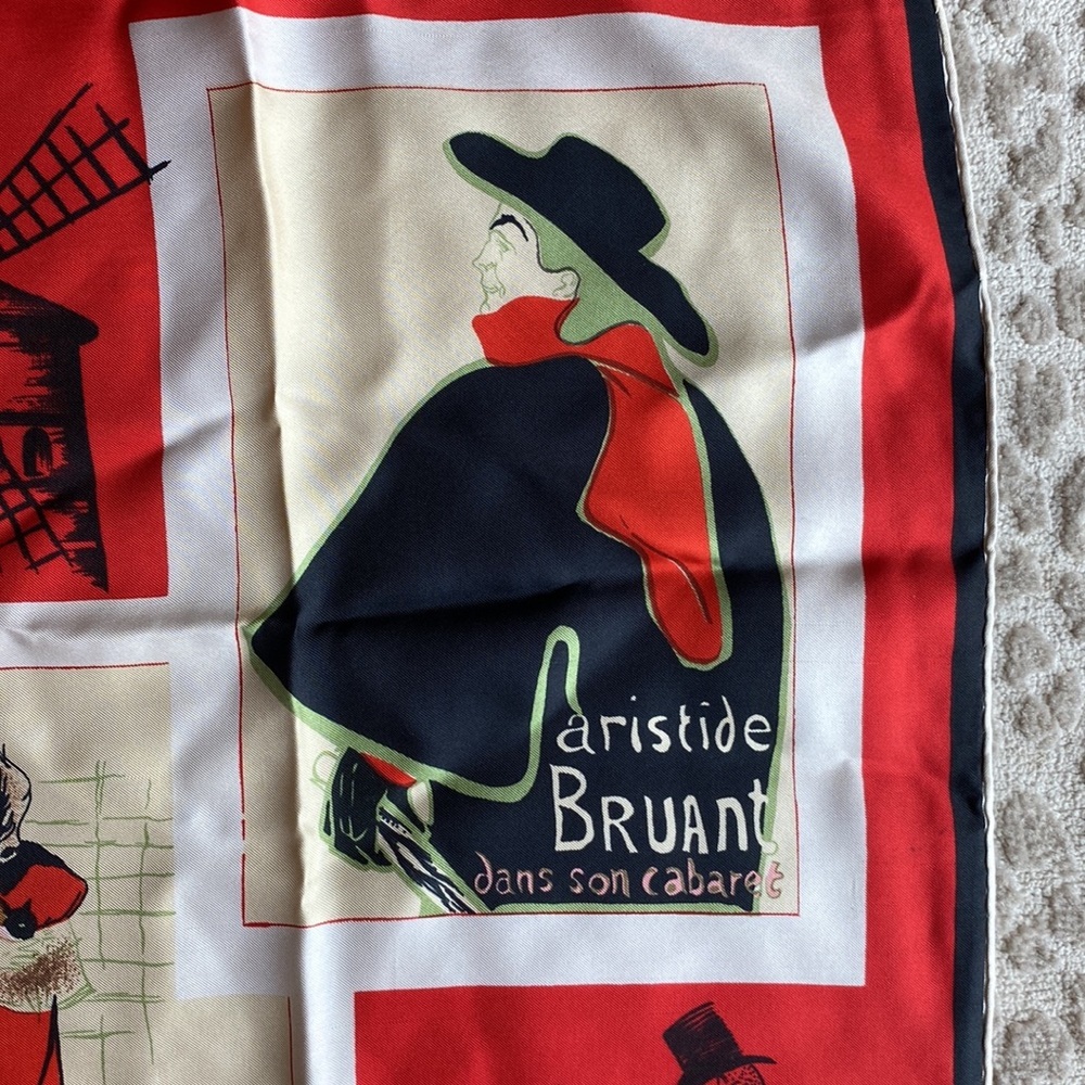 Toulouse Lautrec Moulin Rouge Art Themed Red Silk Scarf, 30” square - Picture 8 of 10